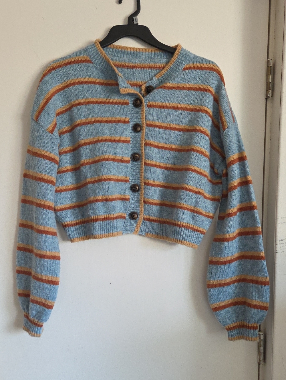 SHEIN Blue Cropped Striped Button Cardigan with Rust & Cream